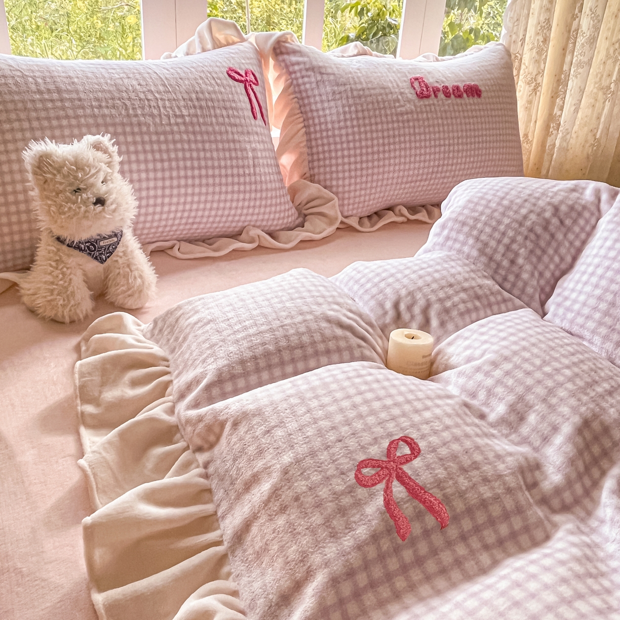 91家纺网 家纺一手货源 找家纺 沐辰 2025新款牛奶绒绣花蝴蝶结花边款四件套 绒蝴蝶结-紫格