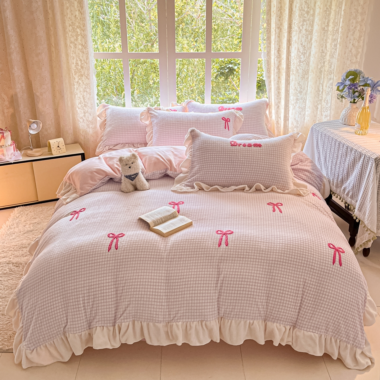 沐辰 2025新款牛奶绒绣花蝴蝶结花边款四件套 绒蝴蝶结-紫格