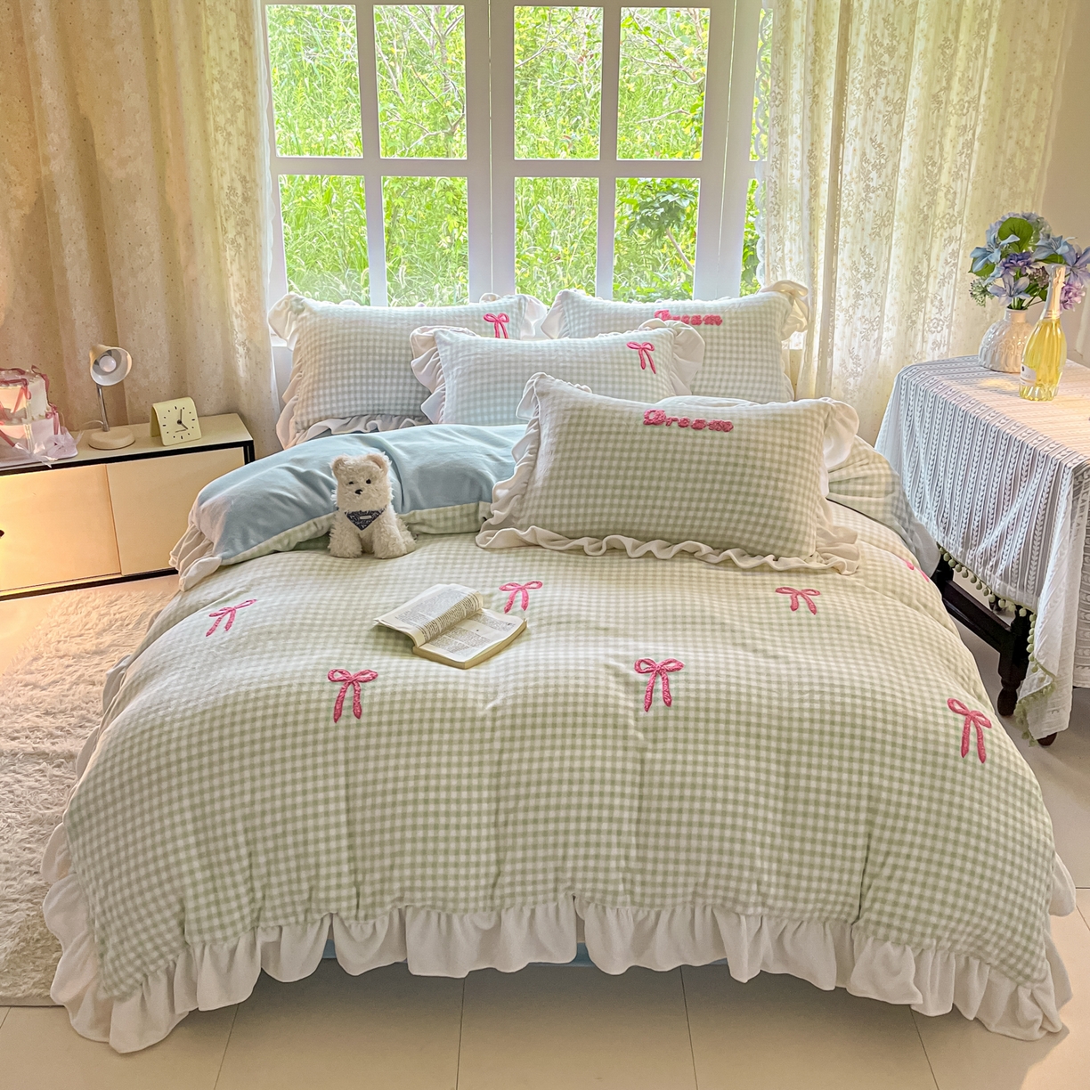 沐辰 2025新款牛奶绒绣花蝴蝶结花边款四件套 绒蝴蝶结-绿格