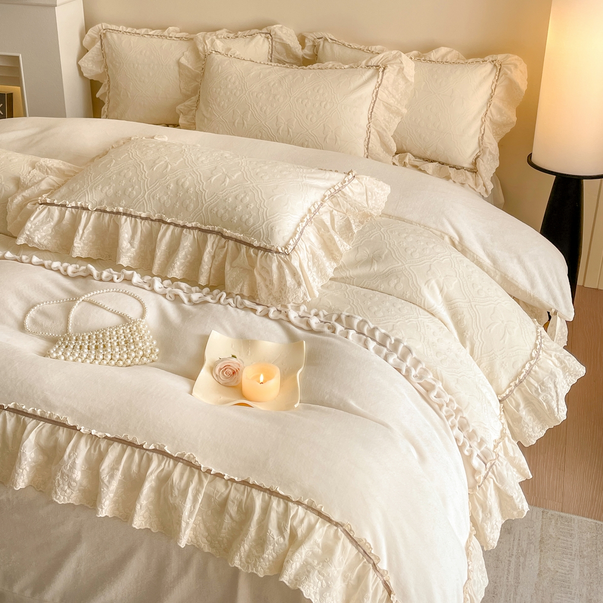 91家纺网 家纺一手货源 找家纺 沐辰 2025新款雕花牛奶绒拼接花边四件套-浪漫巴黎 浪漫巴黎-米白