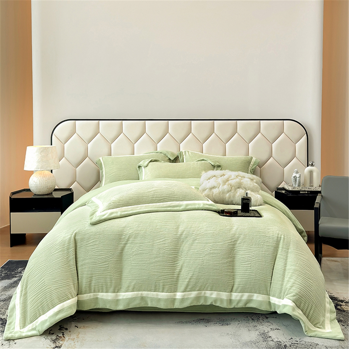 91家纺网 家纺一手货源 找家纺 家居1号家纺 2025新款230克全消光瑞丽牛奶绒烂花四件套（控价标准258加大278 会员优惠10元） 瑞丽-苹果绿