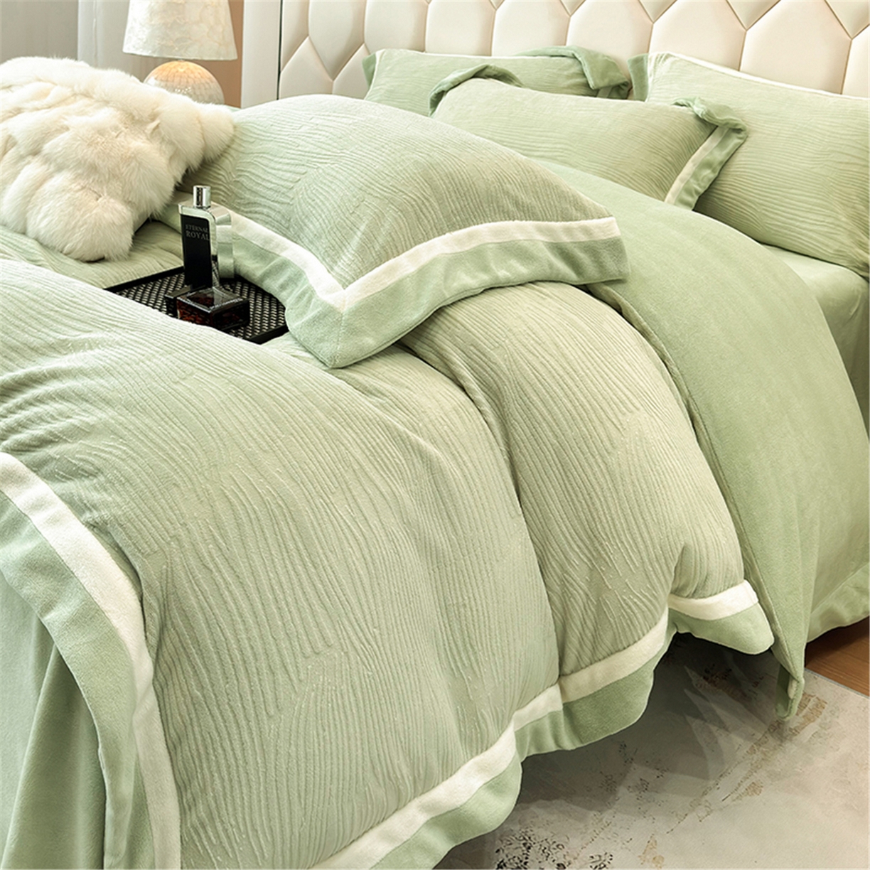 91家纺网 家纺一手货源 找家纺 家居1号家纺 2025新款230克全消光瑞丽牛奶绒烂花四件套（控价标准258加大278 会员优惠10元） 瑞丽-苹果绿