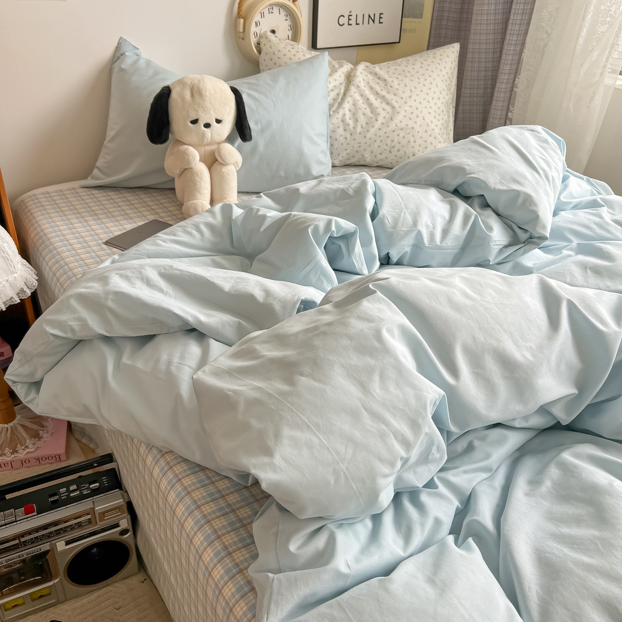 91家纺网 家纺一手货源 找家纺 对白 2025新款混搭全棉纯棉色织水洗棉四件套-西西里 西西里-天青蓝（枕套天青蓝）