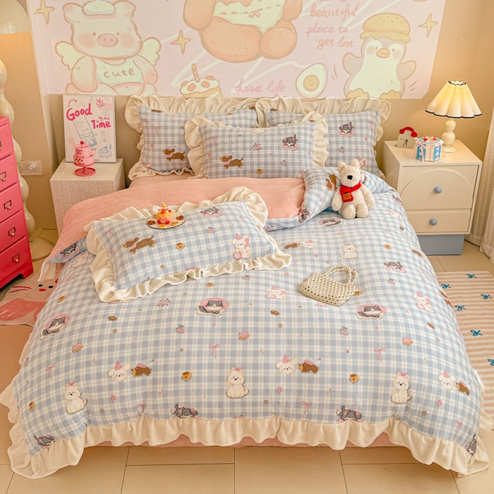 91家纺网 家纺一手货源 找家纺 （总）芯贝儿 2025款加厚小清新花边牛奶绒卡通四件套