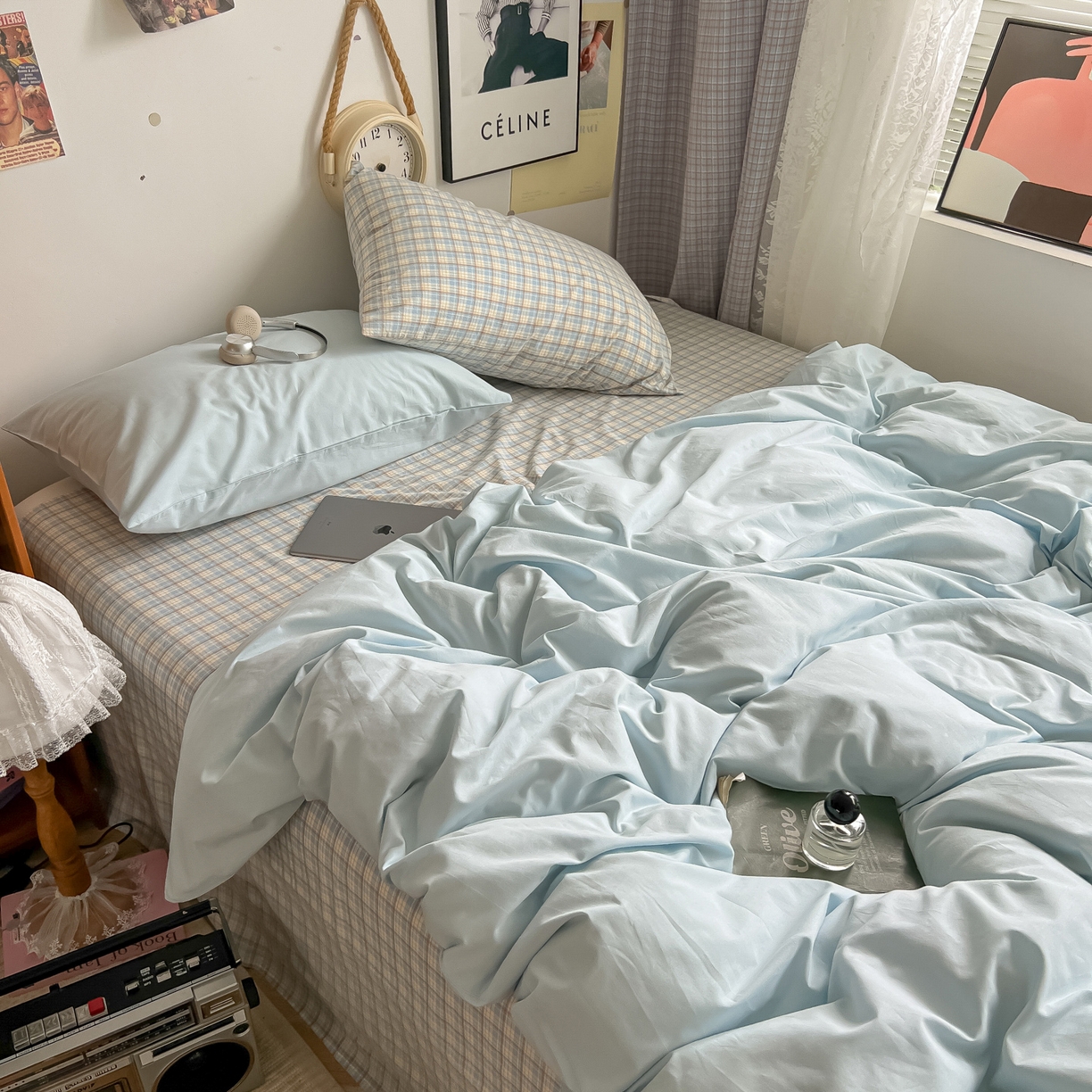 91家纺网 家纺一手货源 找家纺 对白 2025新款混搭全棉纯棉色织水洗棉四件套-西西里 西西里-天青蓝（枕套天青蓝）