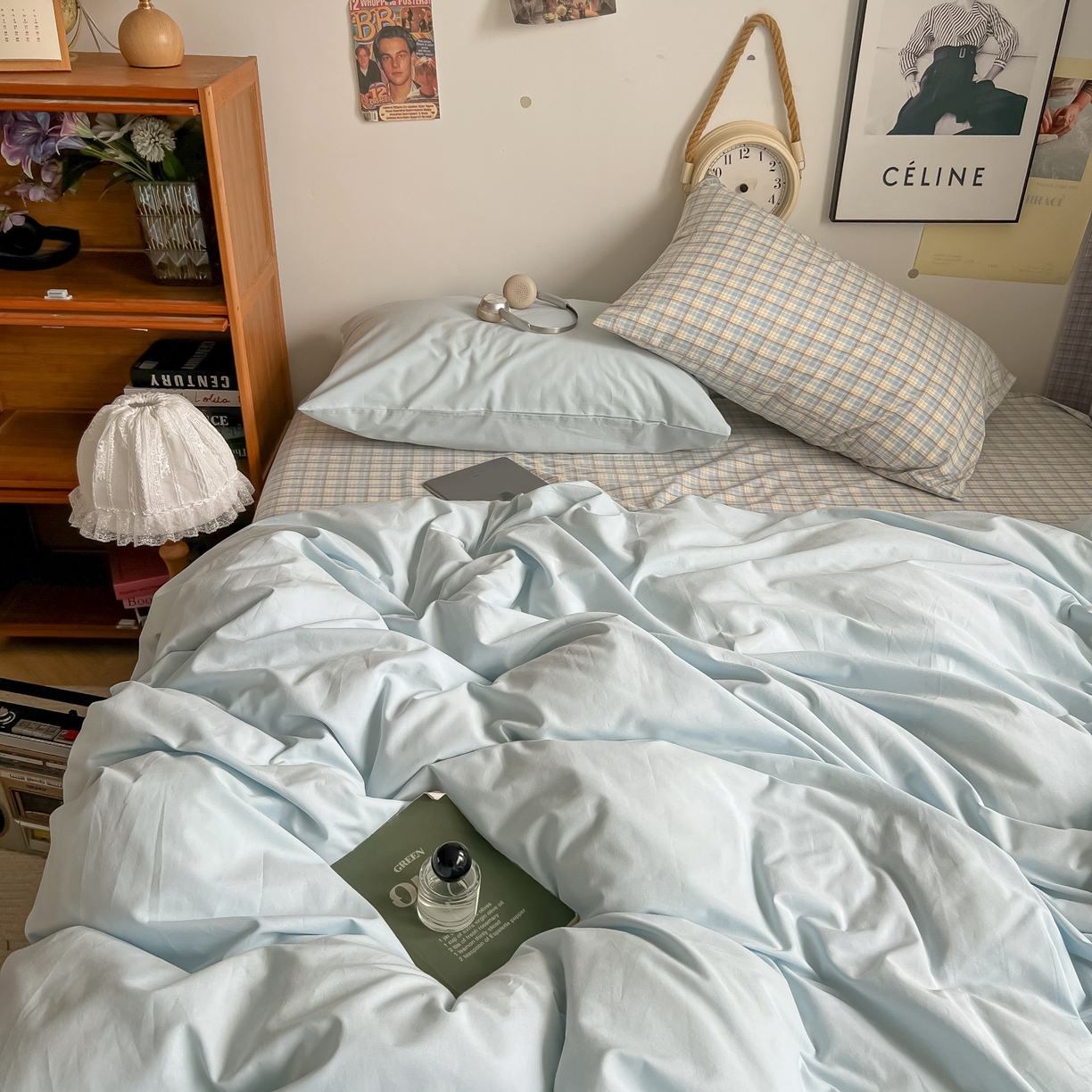 91家纺网 家纺一手货源 找家纺 对白 2025新款混搭全棉纯棉色织水洗棉四件套-西西里 西西里-天青蓝（枕套天青蓝）