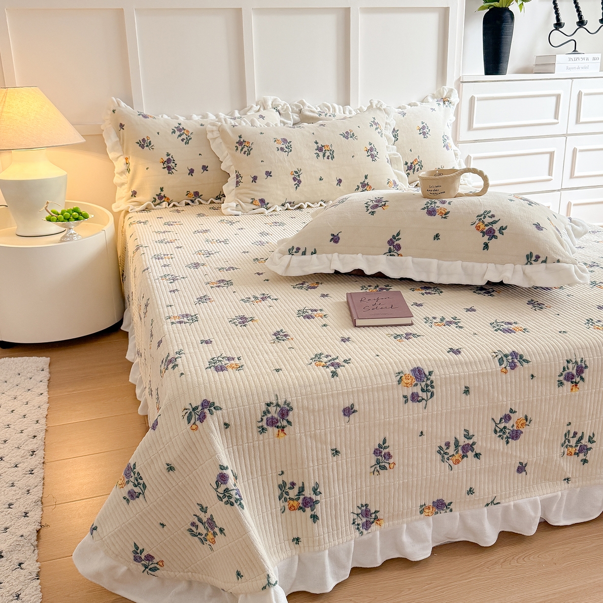 91家纺网 家纺一手货源 找家纺 潘朵拉家纺 2025新款法式牛奶绒双层花边四件套 紫苏