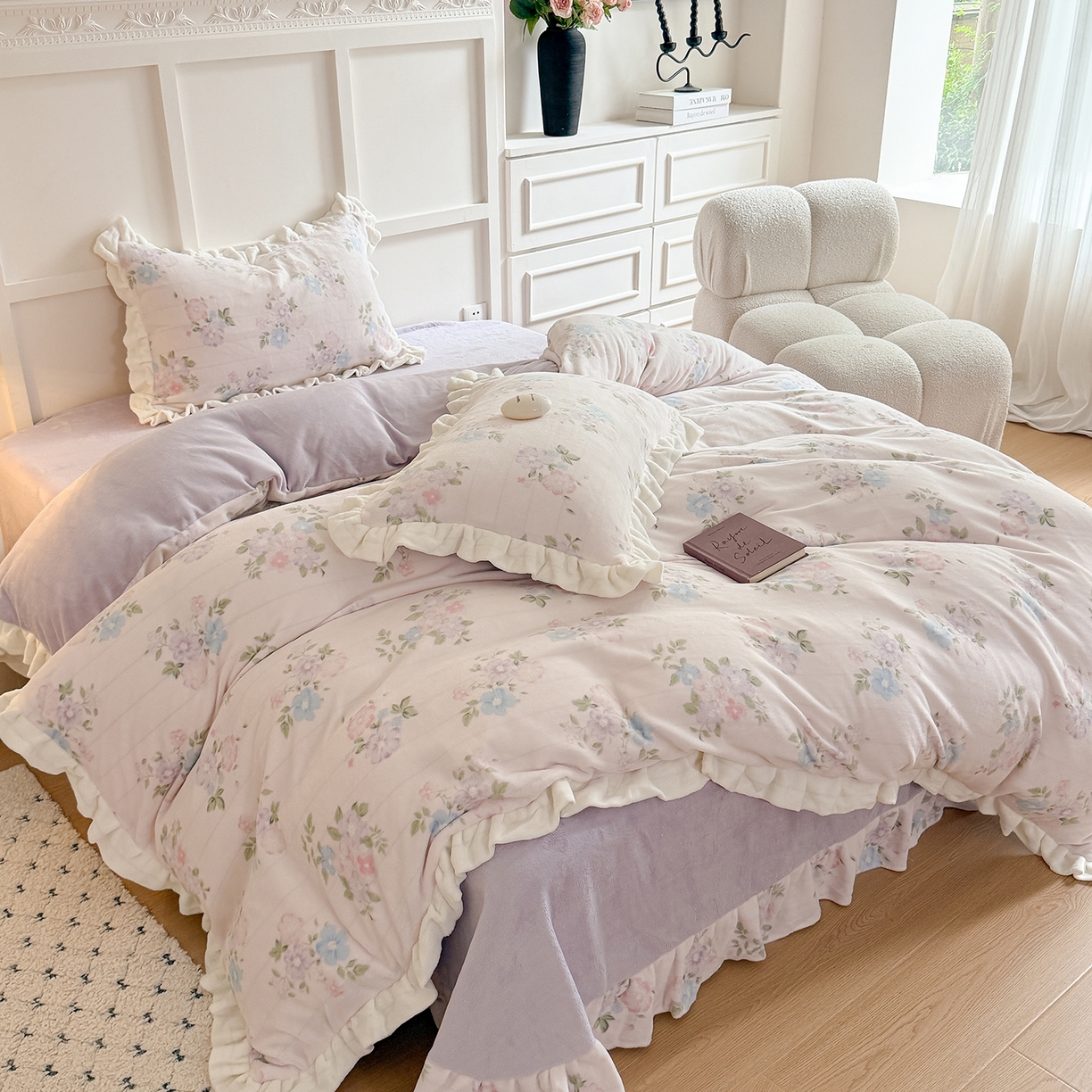 91家纺网 家纺一手货源 找家纺 （总）潘朵拉家纺 2025新款法式牛奶绒双层花边四件套