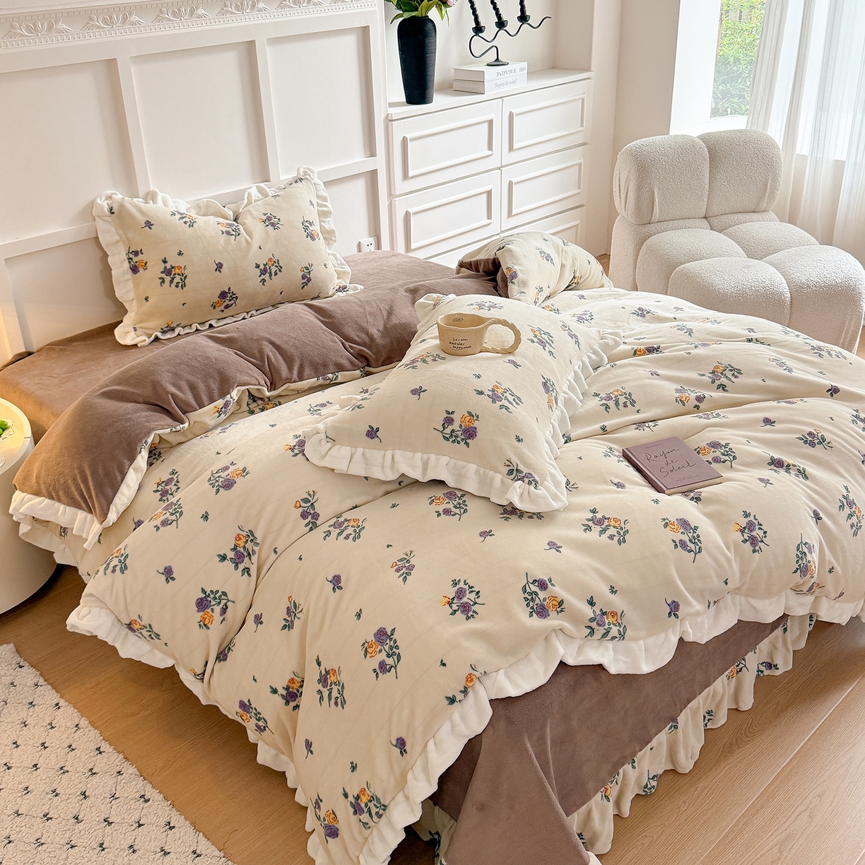 91家纺网 家纺一手货源 找家纺 潘朵拉家纺 2025新款法式牛奶绒双层花边四件套 紫苏