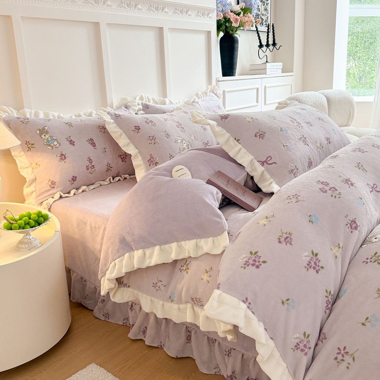 91家纺网 家纺一手货源 找家纺 潘朵拉家纺 2025新款法式牛奶绒双层花边四件套 梦露