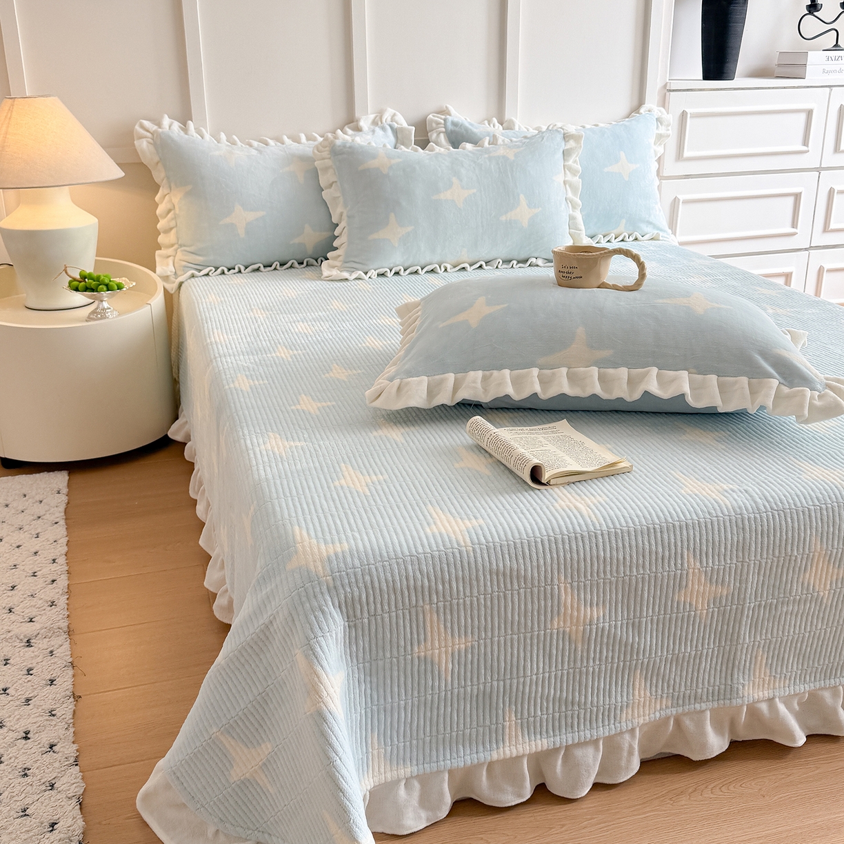 91家纺网 家纺一手货源 找家纺 潘朵拉家纺 2025新款法式牛奶绒双层花边四件套 星语