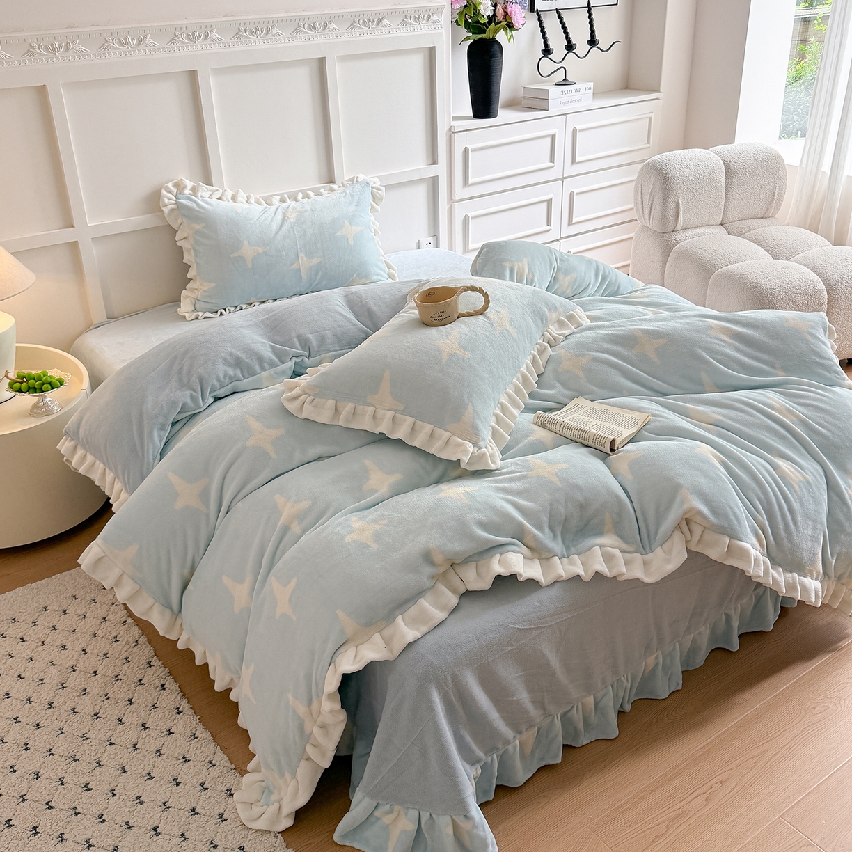 91家纺网 家纺一手货源 找家纺 潘朵拉家纺 2025新款法式牛奶绒双层花边四件套 星语