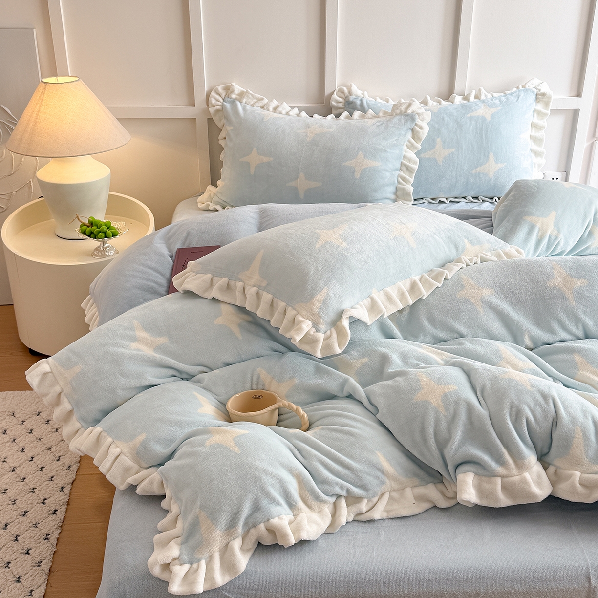 91家纺网 家纺一手货源 找家纺 潘朵拉家纺 2025新款法式牛奶绒双层花边四件套 星语