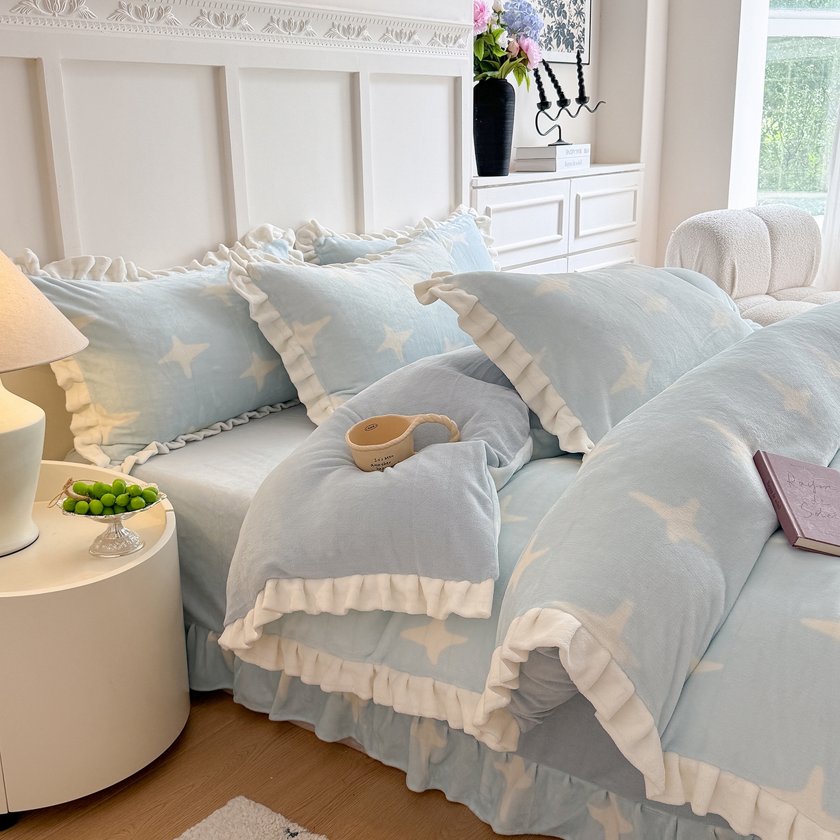 潘朵拉家纺 2025新款法式牛奶绒双层花边四件套 星语