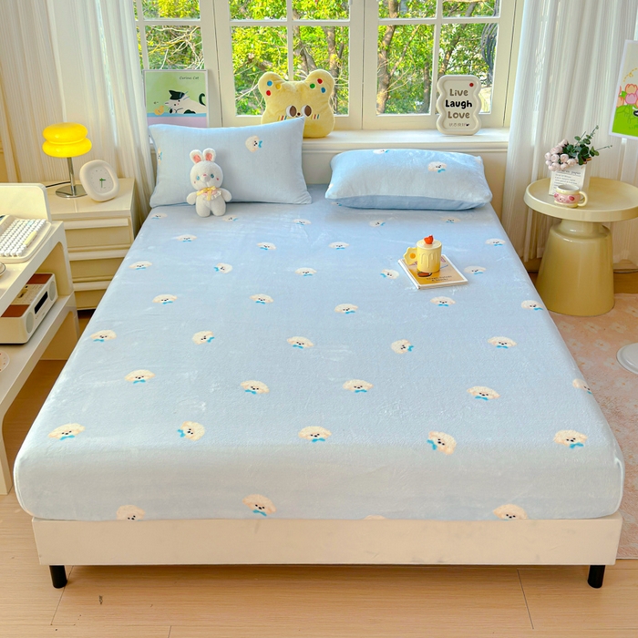 91家纺网 家纺一手货源 找家纺 澜妃 2025新款高克重软软糯糯牛奶绒单床笠CL系列（小红书推荐） CL-绒绒小狗蓝