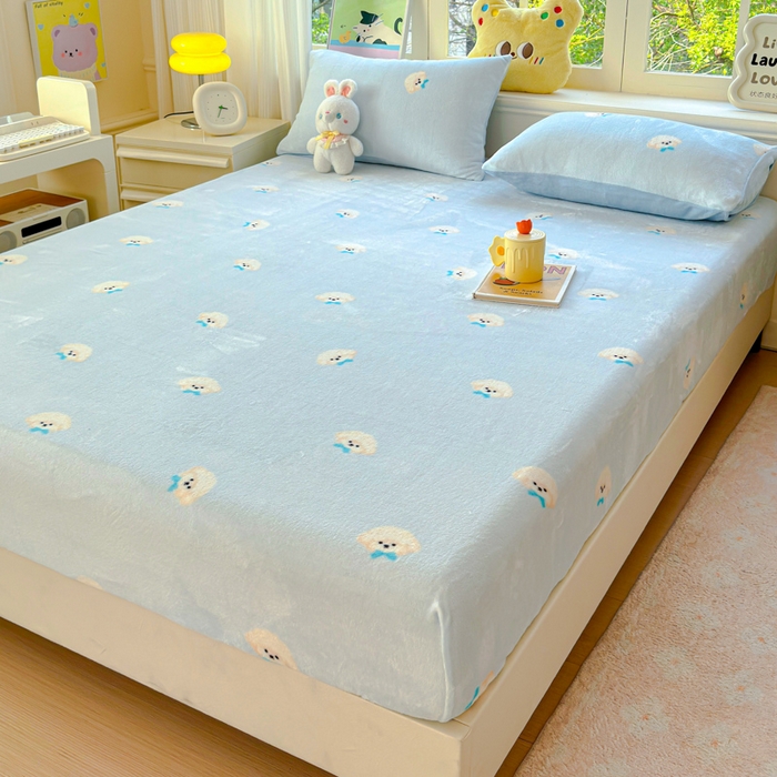 91家纺网 家纺一手货源 找家纺 澜妃 2025新款高克重软软糯糯牛奶绒单床笠CL系列（小红书推荐） CL-绒绒小狗蓝