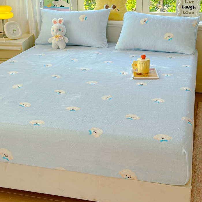 91家纺网 家纺一手货源 找家纺 澜妃 2025新款高克重软软糯糯牛奶绒单床笠CL系列（小红书推荐） CL-绒绒小狗蓝