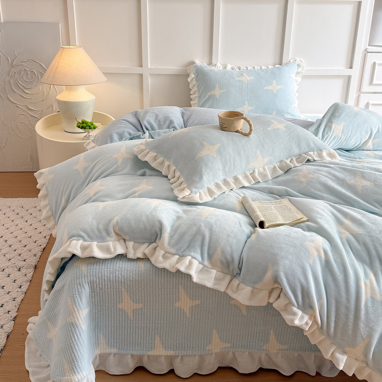 91家纺网 家纺一手货源 找家纺 潘朵拉家纺 2025新款法式牛奶绒双层花边四件套 星语