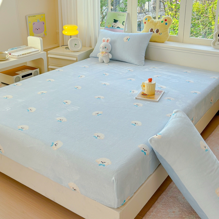 91家纺网 家纺一手货源 找家纺 澜妃 2025新款高克重软软糯糯牛奶绒单床笠CL系列（小红书推荐） CL-绒绒小狗蓝