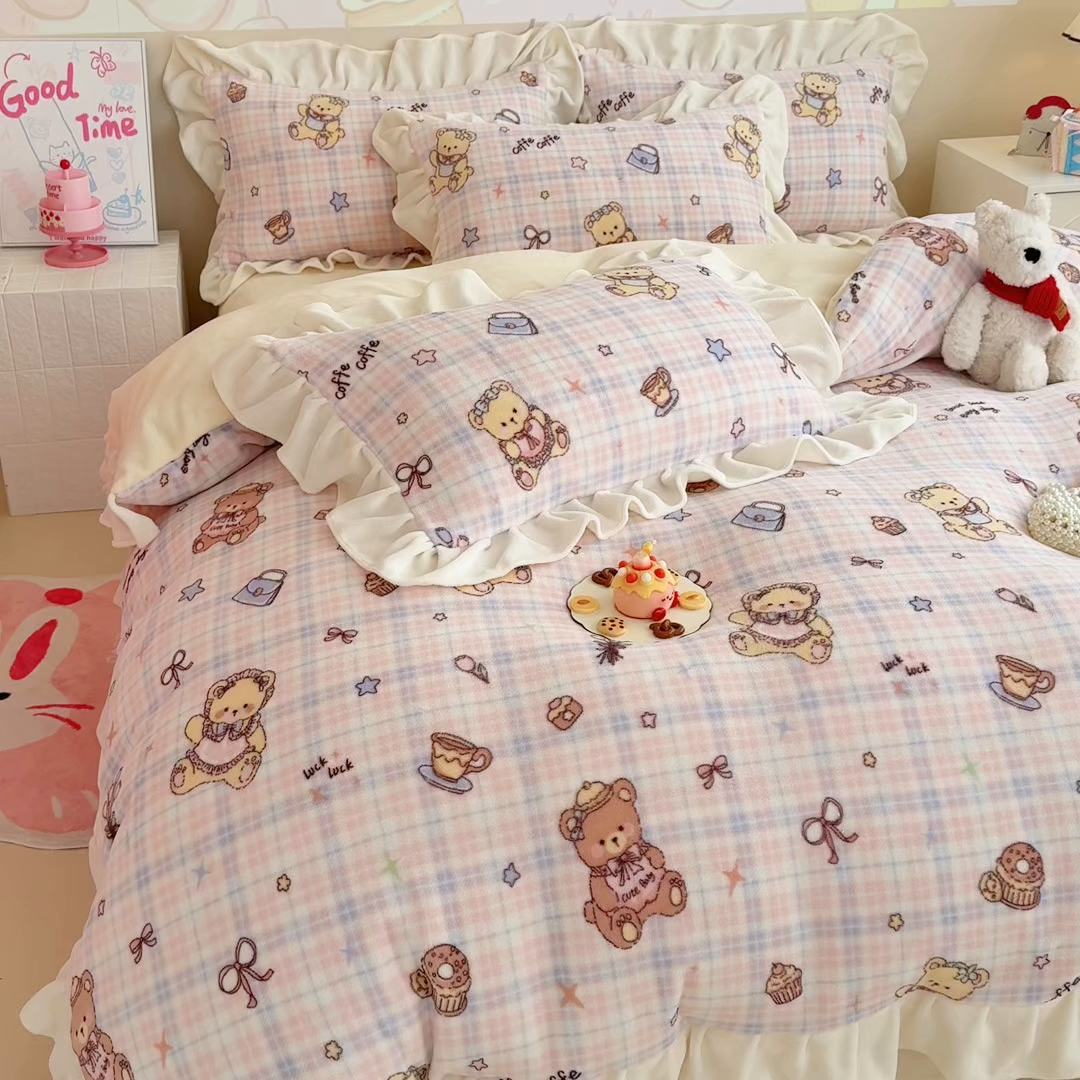 91家纺网 家纺一手货源 找家纺 （总）芯贝儿 2025款加厚小清新花边牛奶绒卡通四件套