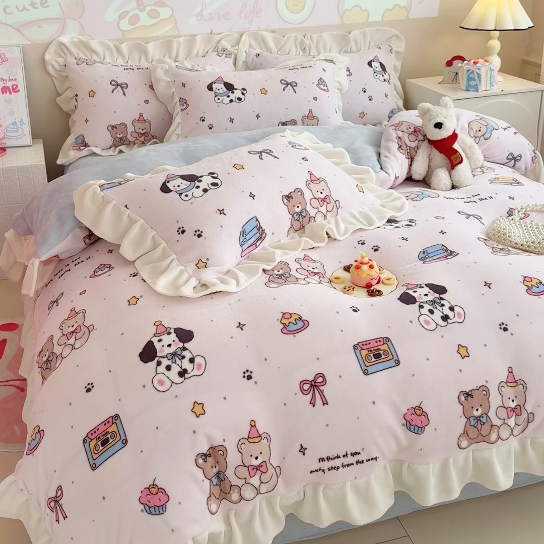 91家纺网 家纺一手货源 找家纺 （总）芯贝儿 2025款加厚小清新花边牛奶绒卡通四件套