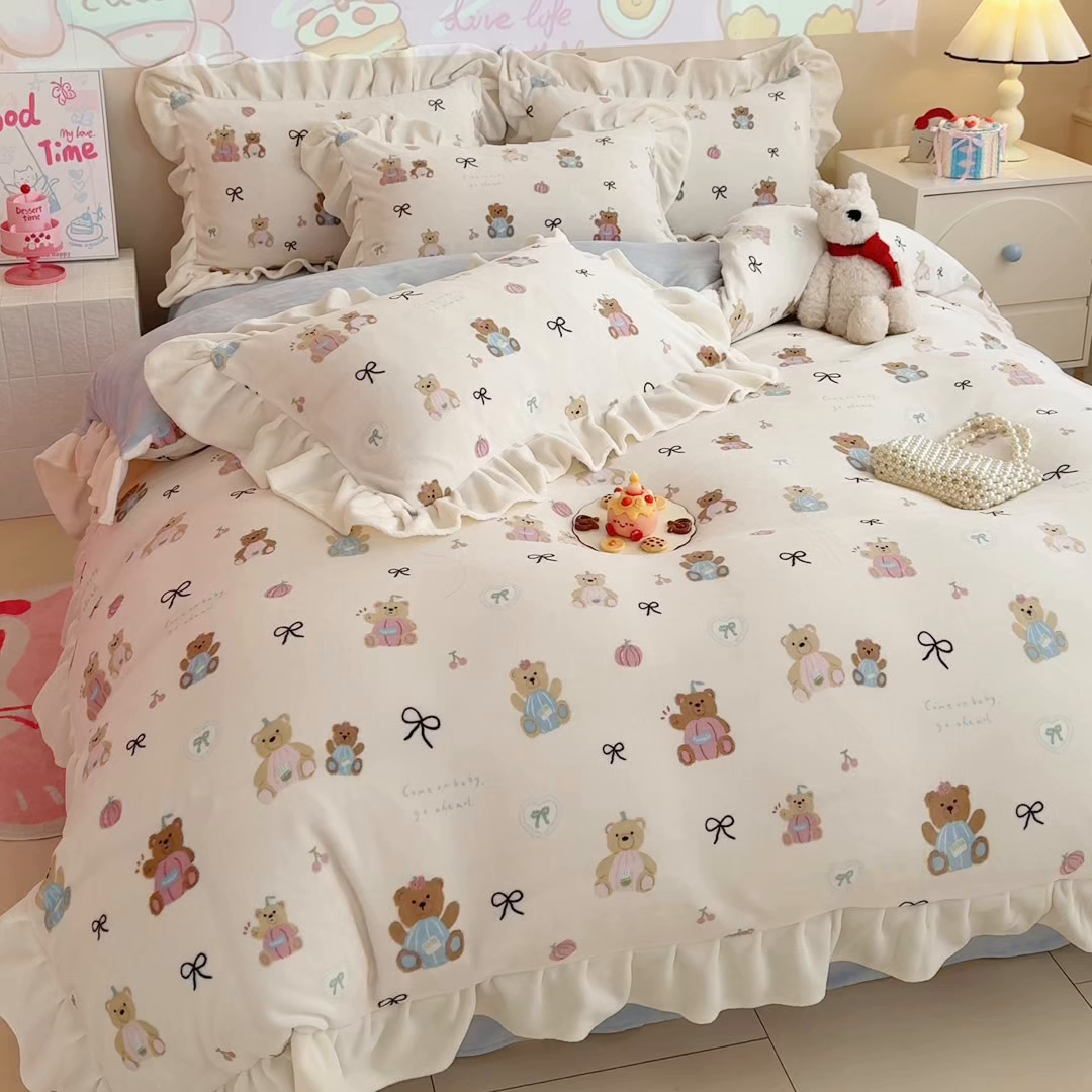 91家纺网 家纺一手货源 找家纺 （总）芯贝儿 2025款加厚小清新花边牛奶绒卡通四件套