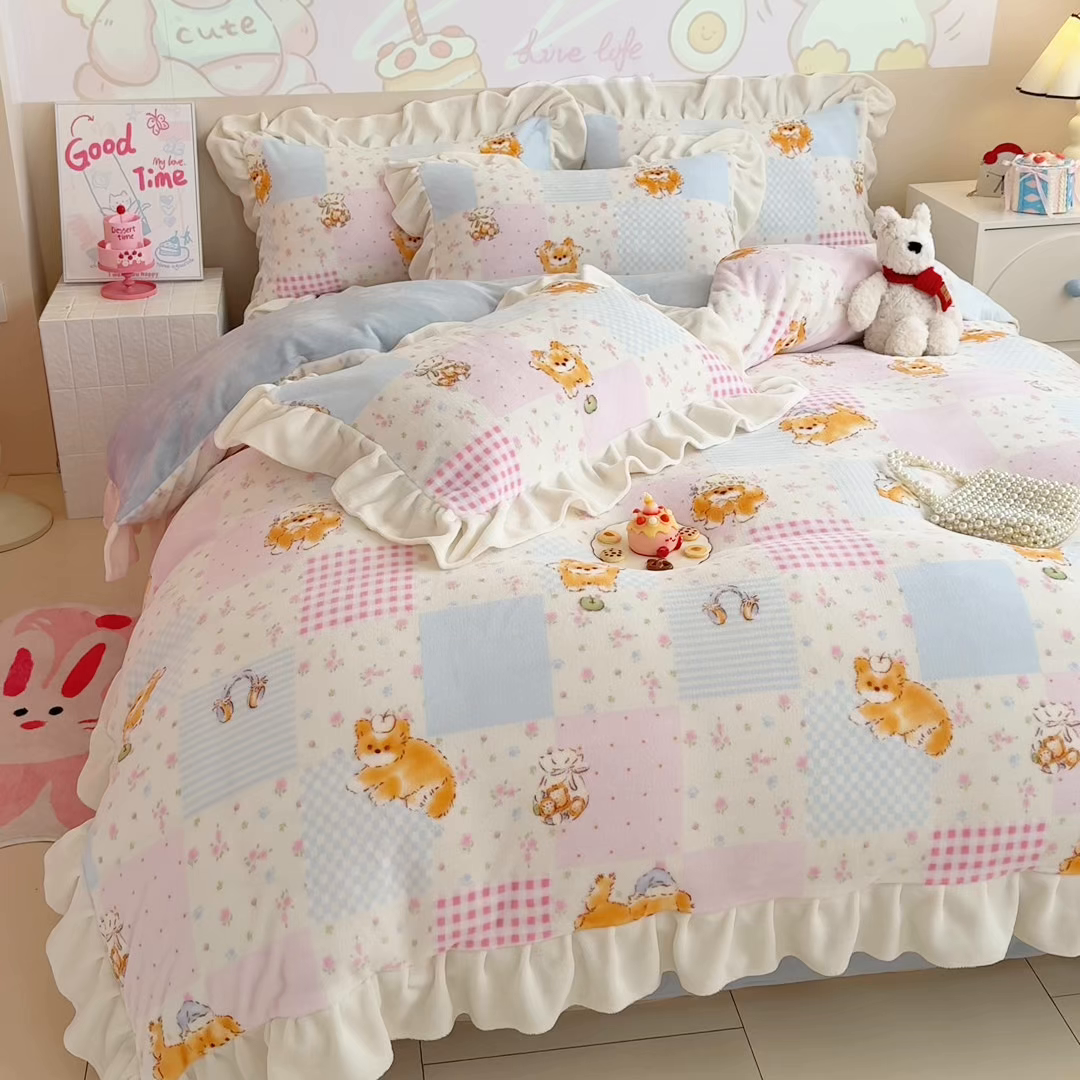 91家纺网 家纺一手货源 找家纺 （总）芯贝儿 2025款加厚小清新花边牛奶绒卡通四件套