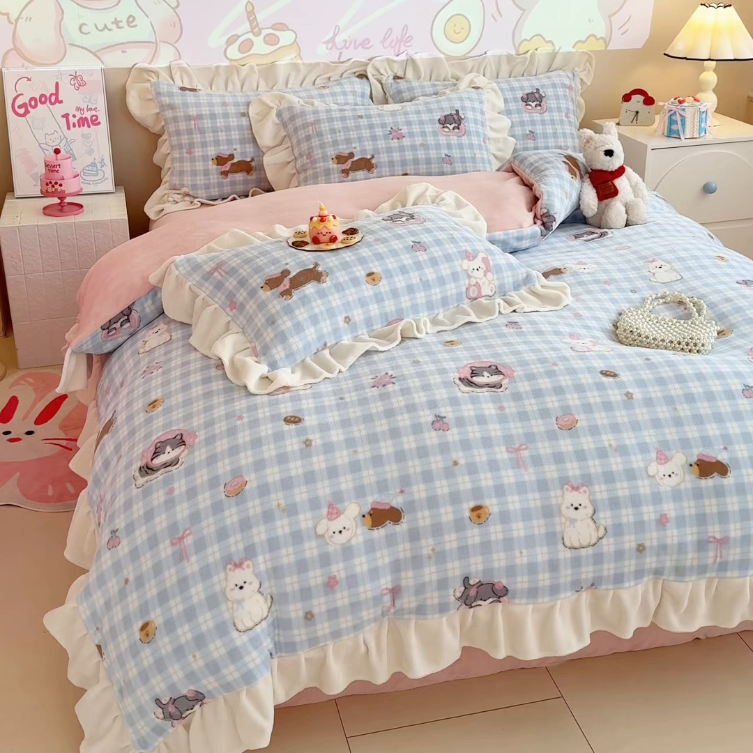 91家纺网 家纺一手货源 找家纺 （总）芯贝儿 2025款加厚小清新花边牛奶绒卡通四件套