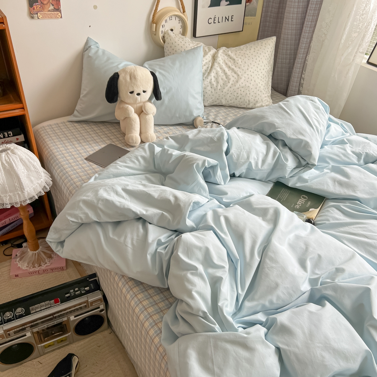 91家纺网 家纺一手货源 找家纺 对白 2025新款混搭全棉纯棉色织水洗棉四件套-西西里 西西里-天青蓝（枕套小花）