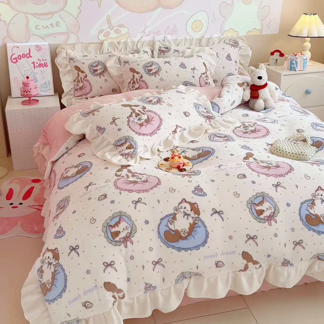 91家纺网 家纺一手货源 找家纺 （总）芯贝儿 2025款加厚小清新花边牛奶绒卡通四件套