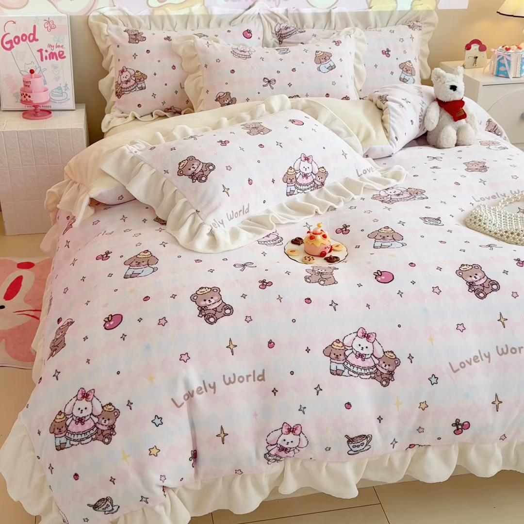 91家纺网 家纺一手货源 找家纺 （总）芯贝儿 2025款加厚小清新花边牛奶绒卡通四件套