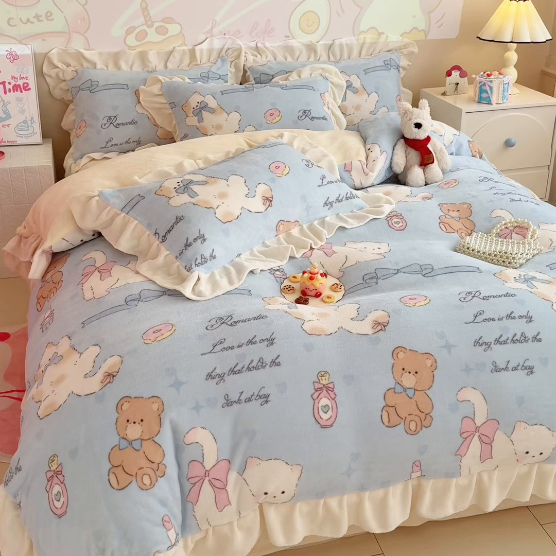 91家纺网 家纺一手货源 找家纺 （总）芯贝儿 2025款加厚小清新花边牛奶绒卡通四件套