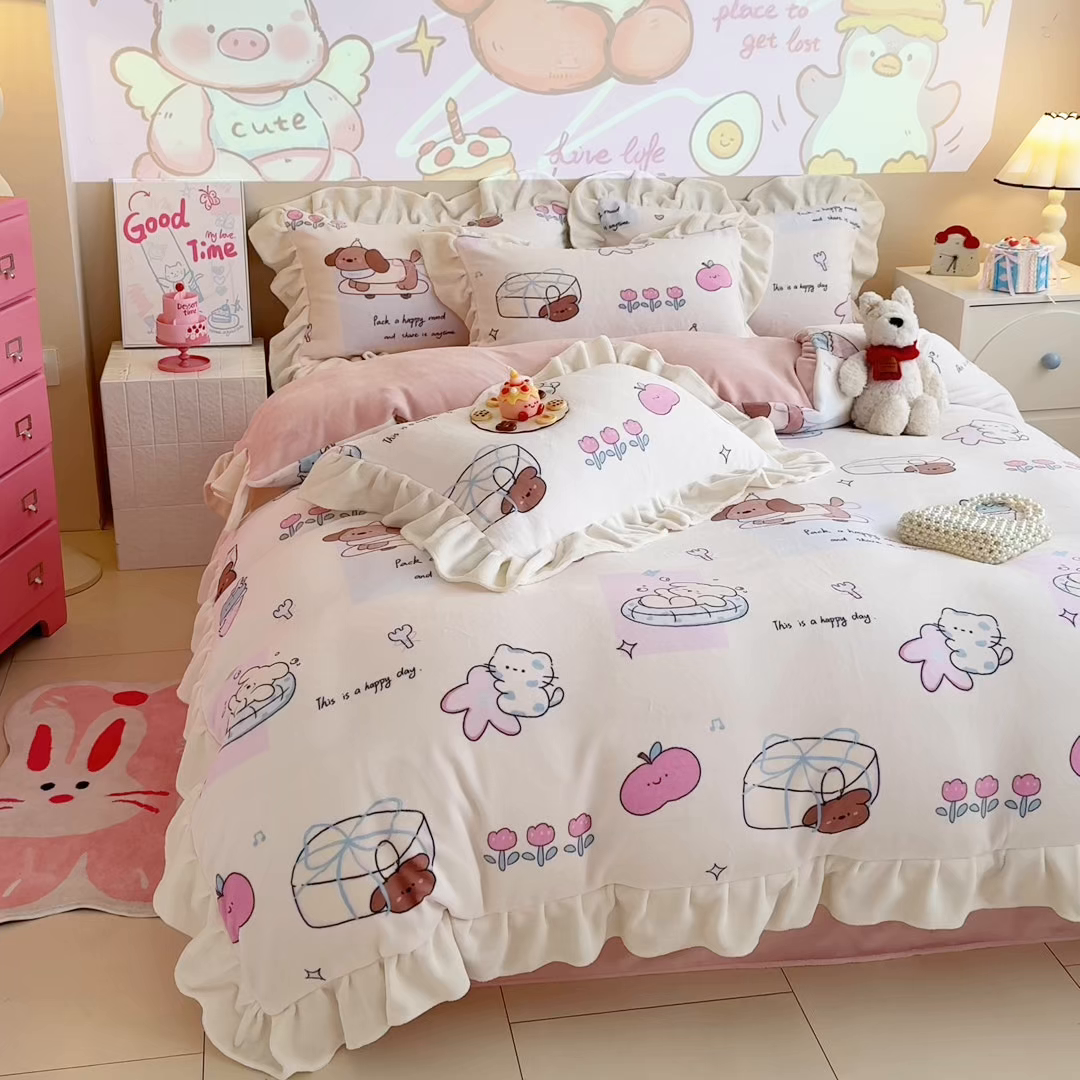 91家纺网 家纺一手货源 找家纺 （总）芯贝儿 2025款加厚小清新花边牛奶绒卡通四件套