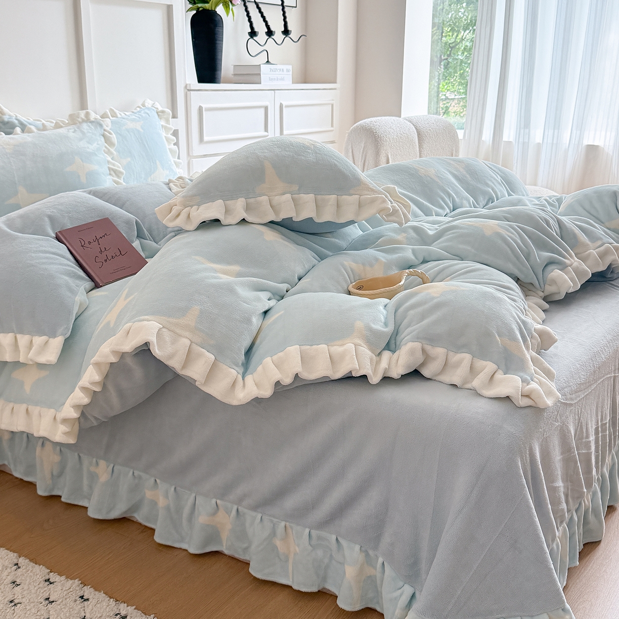 91家纺网 家纺一手货源 找家纺 潘朵拉家纺 2025新款法式牛奶绒双层花边四件套 星语