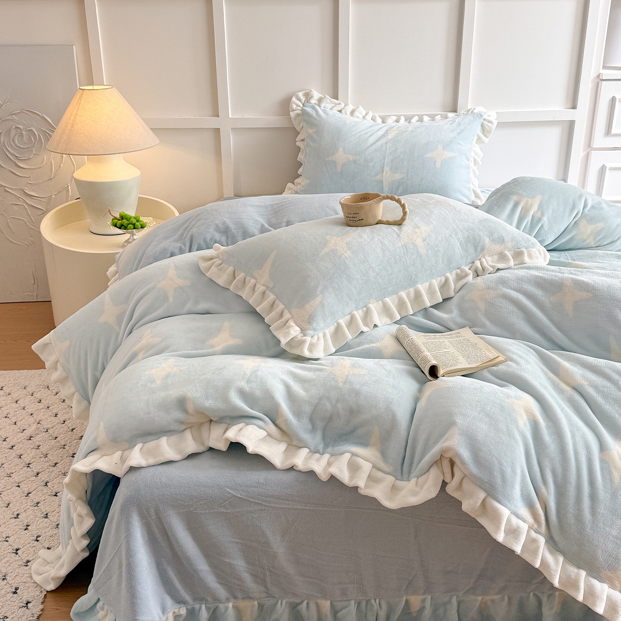 91家纺网 家纺一手货源 找家纺 潘朵拉家纺 2025新款法式牛奶绒双层花边四件套 星语