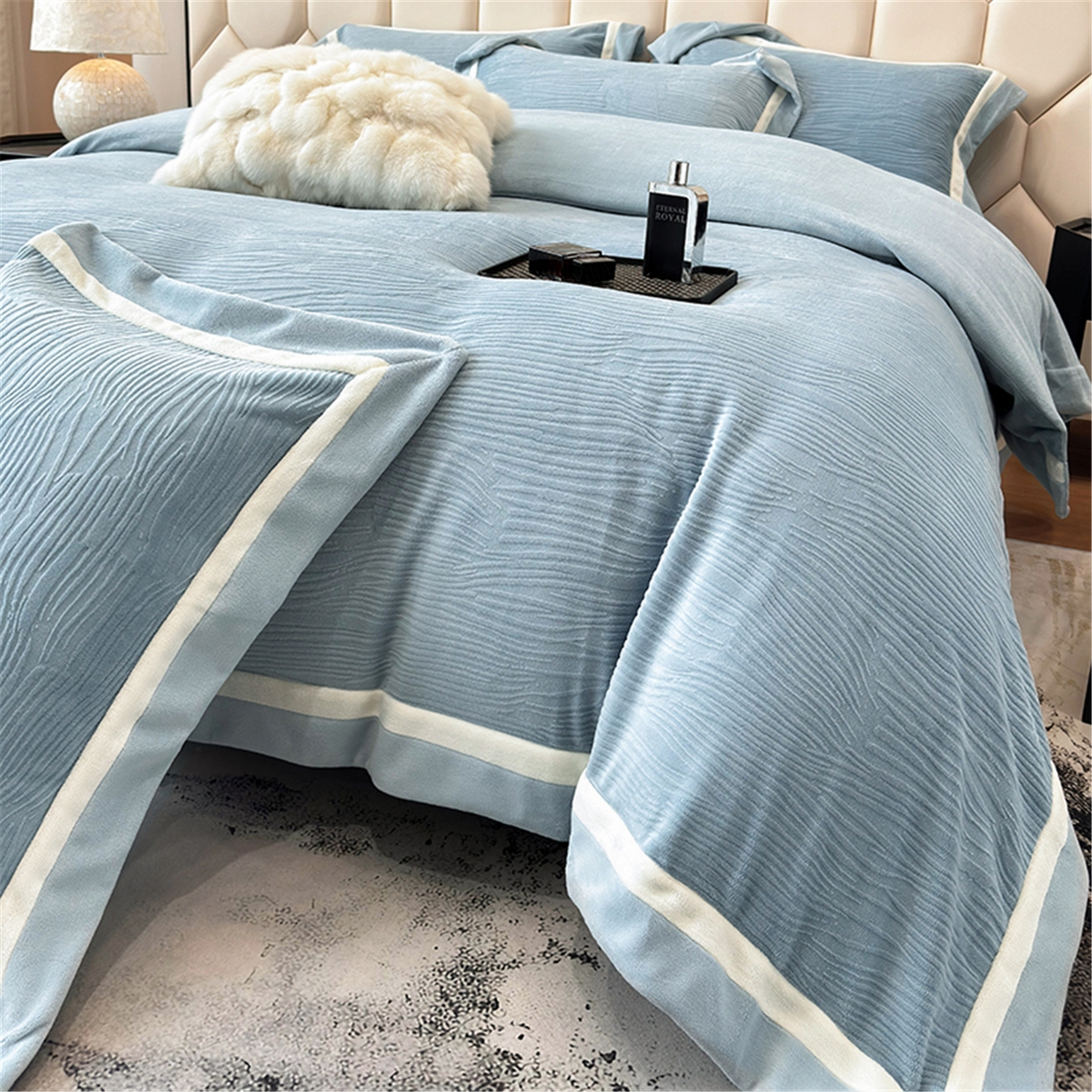 家居1号家纺 2025新款230克全消光瑞丽牛奶绒烂花四件套（控价标准258加大278 会员优惠10元） 瑞丽-温馨蓝