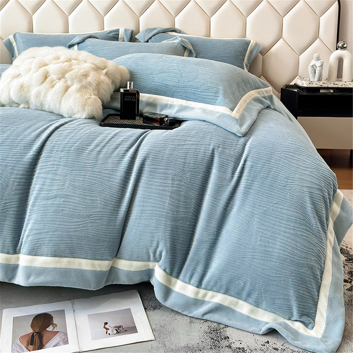 91家纺网 家纺一手货源 找家纺 家居1号家纺 2025新款230克全消光瑞丽牛奶绒烂花四件套（控价标准258加大278 会员优惠10元） 瑞丽-温馨蓝