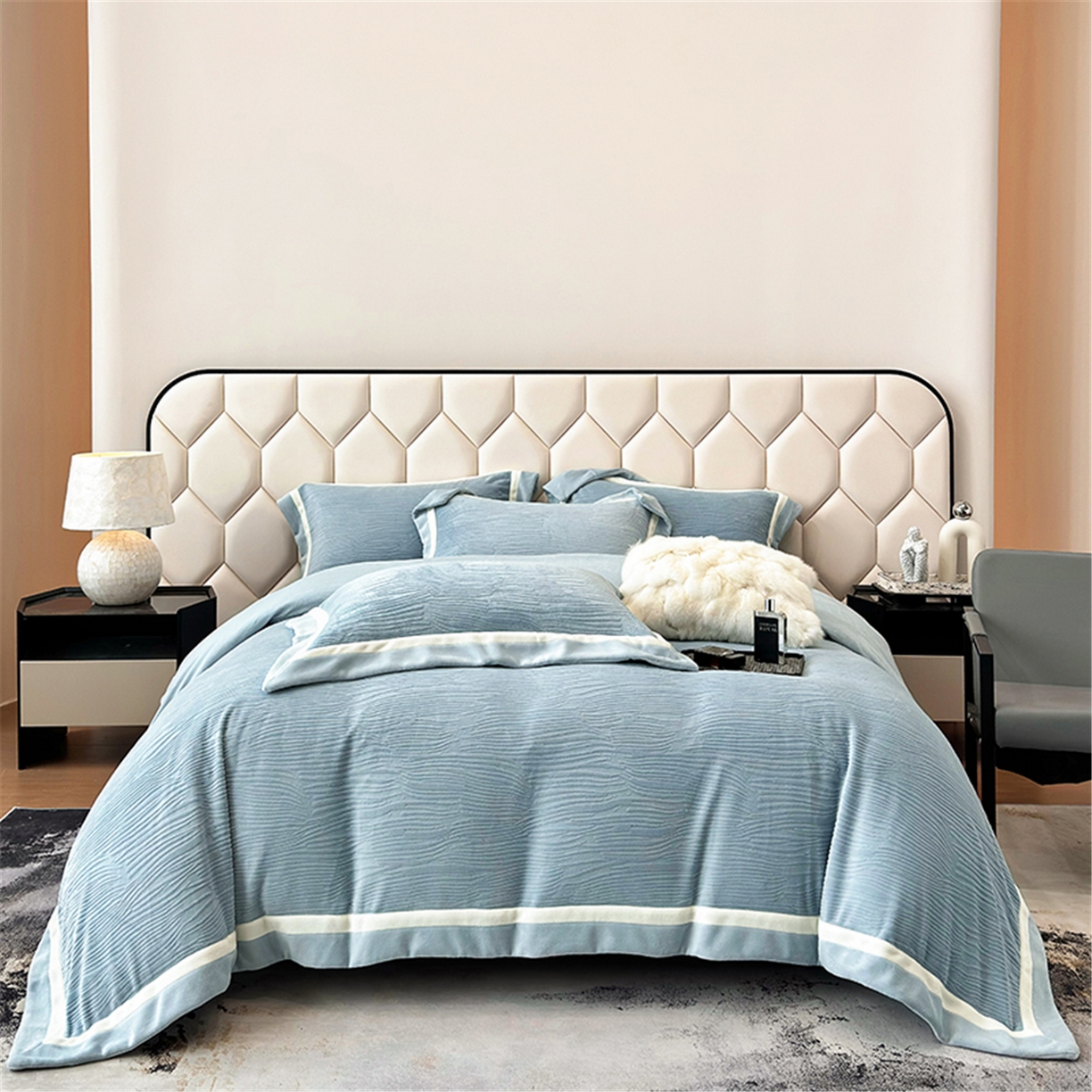 91家纺网 家纺一手货源 找家纺 家居1号家纺 2025新款230克全消光瑞丽牛奶绒烂花四件套（控价标准258加大278 会员优惠10元） 瑞丽-温馨蓝