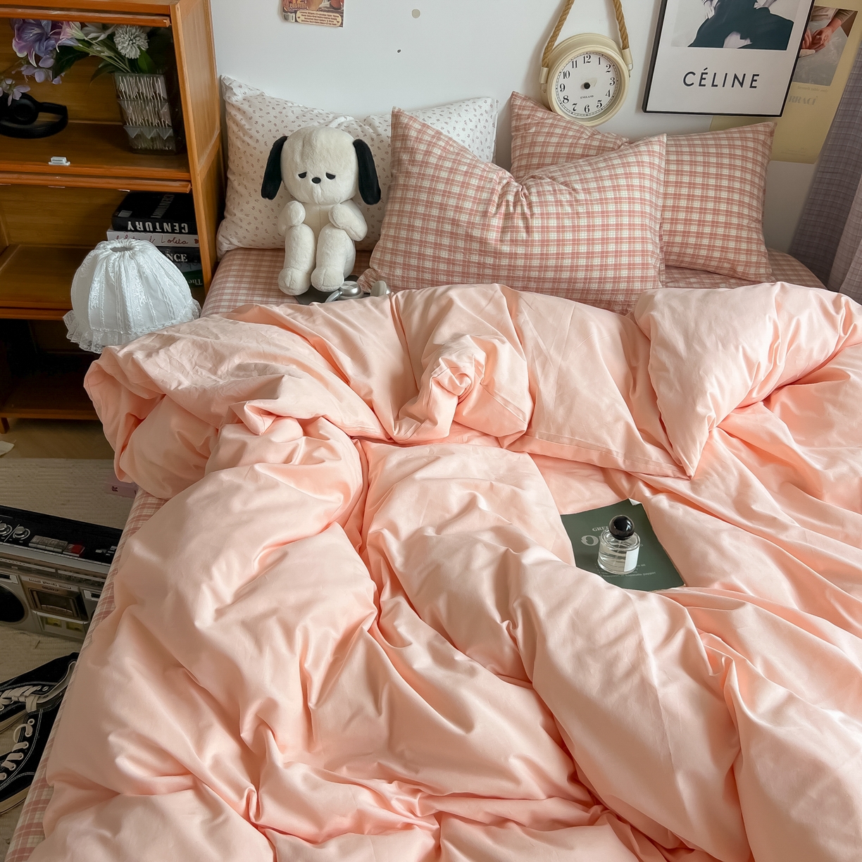 91家纺网 家纺一手货源 找家纺 对白 2025新款混搭全棉纯棉色织水洗棉四件套-西西里 西西里-黛粉（枕套黛粉+小花）