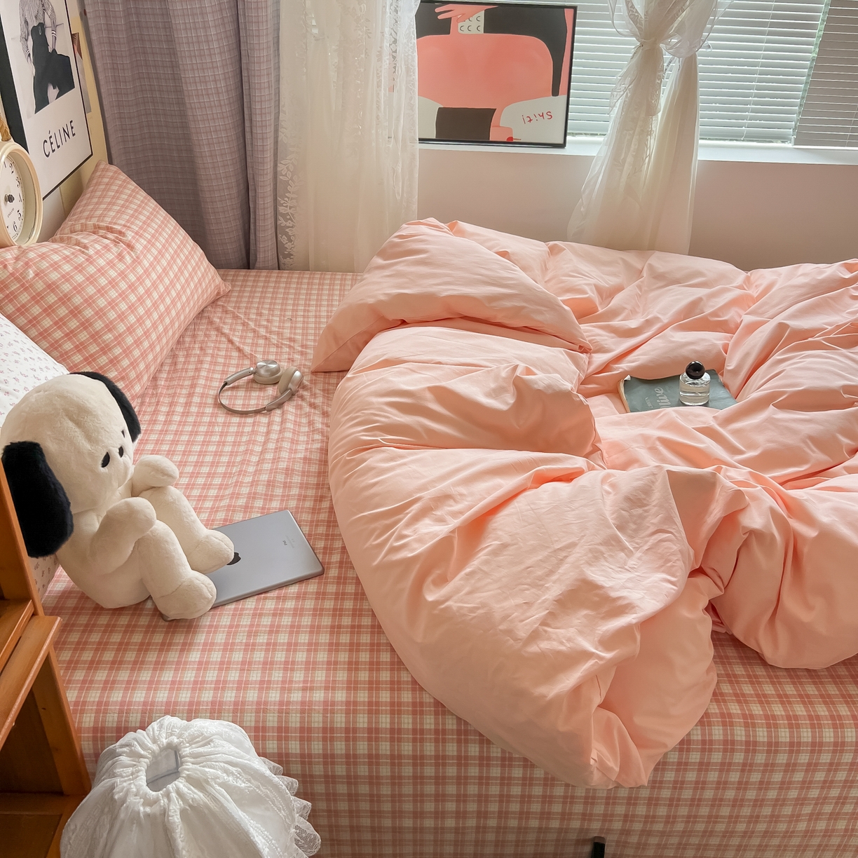 91家纺网 家纺一手货源 找家纺 对白 2025新款混搭全棉纯棉色织水洗棉四件套-西西里 西西里-黛粉（枕套黛粉+小花）