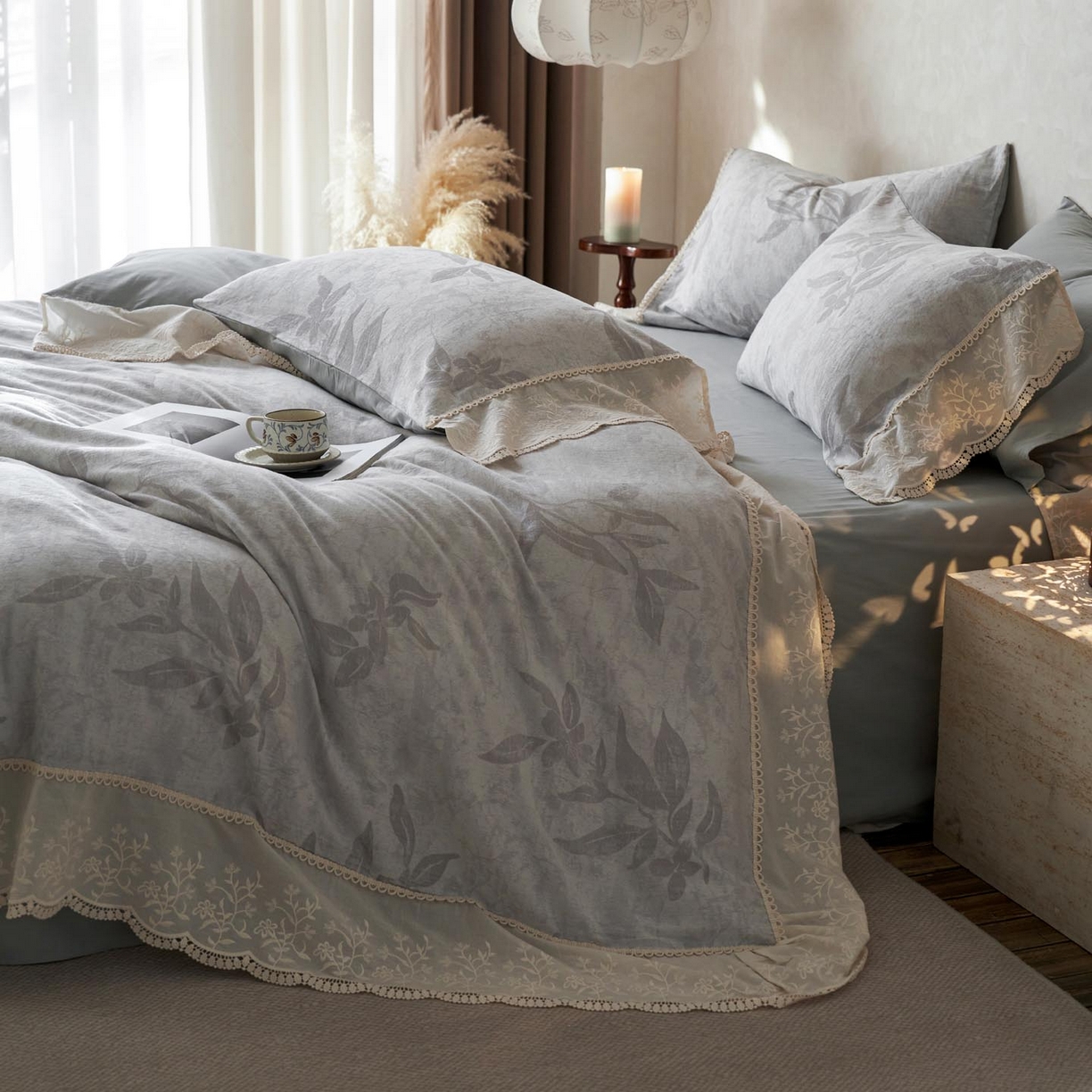 91家纺网 家纺一手货源 找家纺 涵宸家纺 2025新款A类全棉磨毛色织提花花边四件套 隐序曲