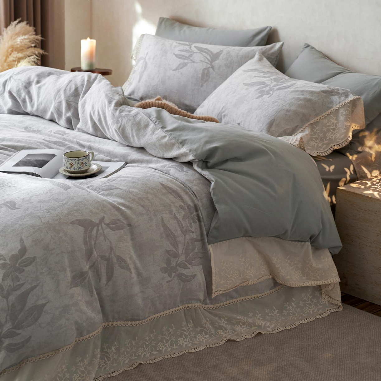 91家纺网 家纺一手货源 找家纺 涵宸家纺 2025新款A类全棉磨毛色织提花花边四件套 隐序曲