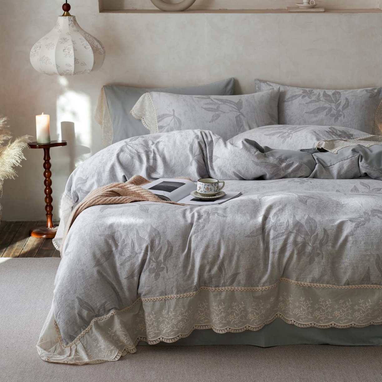 涵宸家纺 2025新款A类全棉磨毛色织提花花边四件套 隐序曲
