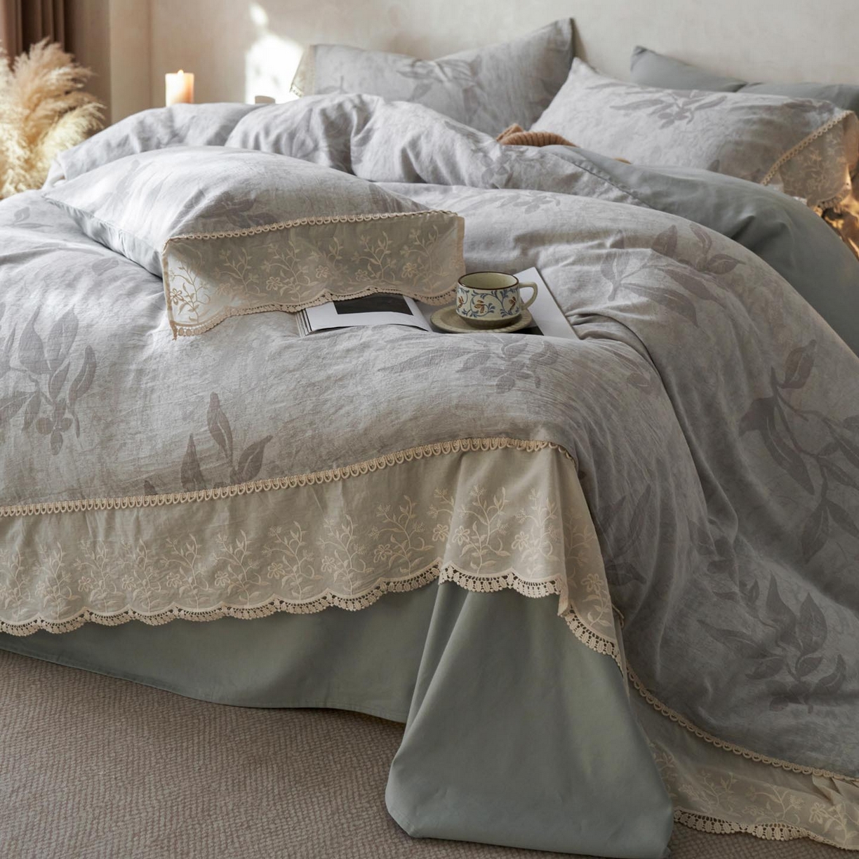 91家纺网 家纺一手货源 找家纺 涵宸家纺 2025新款A类全棉磨毛色织提花花边四件套 隐序曲