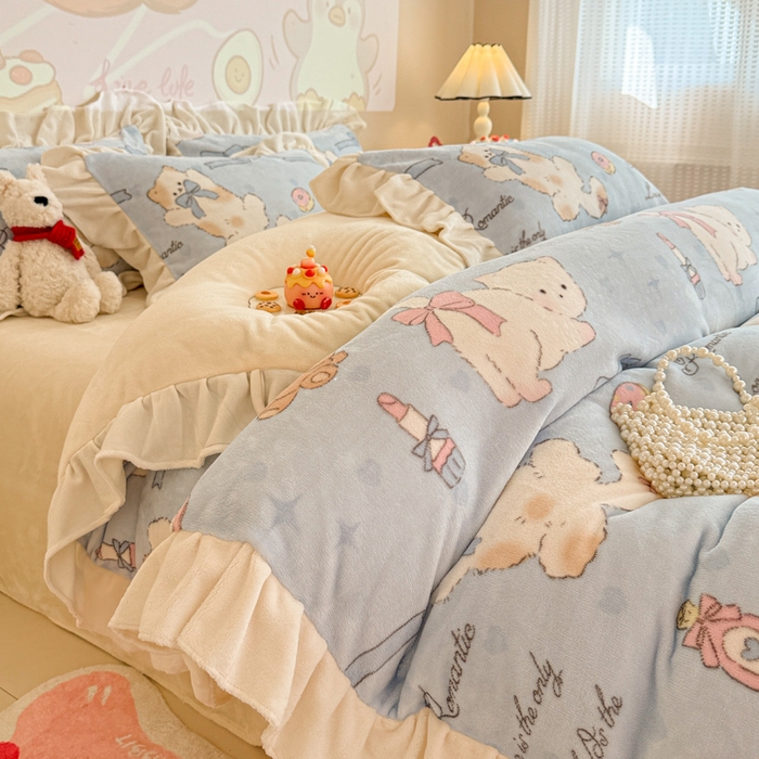 91家纺网 家纺一手货源 找家纺 （总）芯贝儿 2025款加厚小清新花边牛奶绒卡通四件套