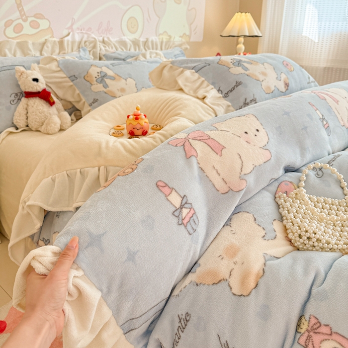 91家纺网 家纺一手货源 找家纺 （总）芯贝儿 2025款加厚小清新花边牛奶绒卡通四件套