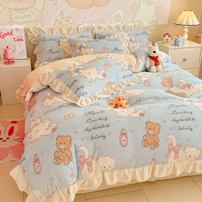 91家纺网 家纺一手货源 找家纺 （总）芯贝儿 2025款加厚小清新花边牛奶绒卡通四件套