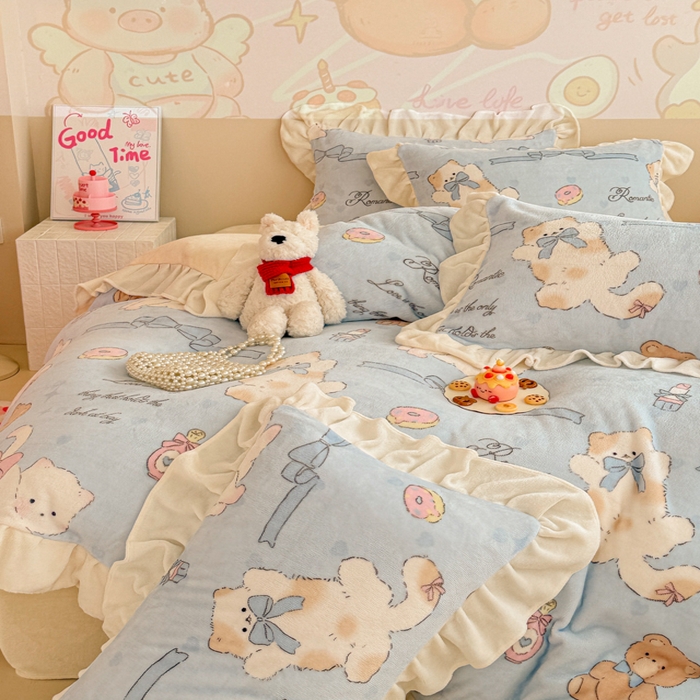 91家纺网 家纺一手货源 找家纺 （总）芯贝儿 2025款加厚小清新花边牛奶绒卡通四件套