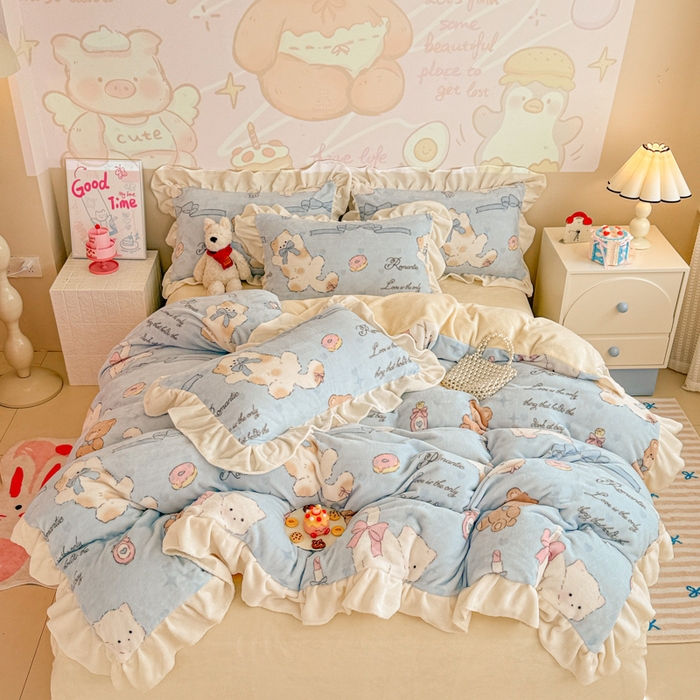 91家纺网 家纺一手货源 找家纺 （总）芯贝儿 2025款加厚小清新花边牛奶绒卡通四件套