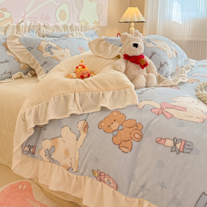 91家纺网 家纺一手货源 找家纺 （总）芯贝儿 2025款加厚小清新花边牛奶绒卡通四件套